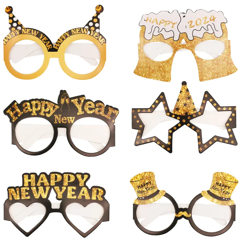 

6Pcs Black Glitter Happy New Year 2024 Paper Glasses Frame Cheers New Year Party PhotoBooth Props Eyeglasses Xmas Home Supplies