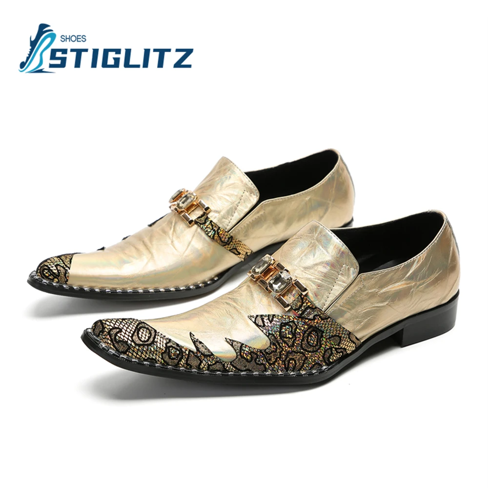 

Jewel Laces Python Pattern Stitching Mules Gold Pointed Toe Chelsea Shoes Men's Genuine Leather Shoes Men's Fashion Casual Shoes