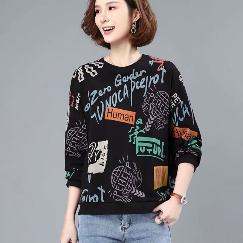 Women Autumn Fashion New Round Neck Pullover Large Size Sweatshirt Printing Letter Splicing Lax Appears Thin Long Sleeves Tops