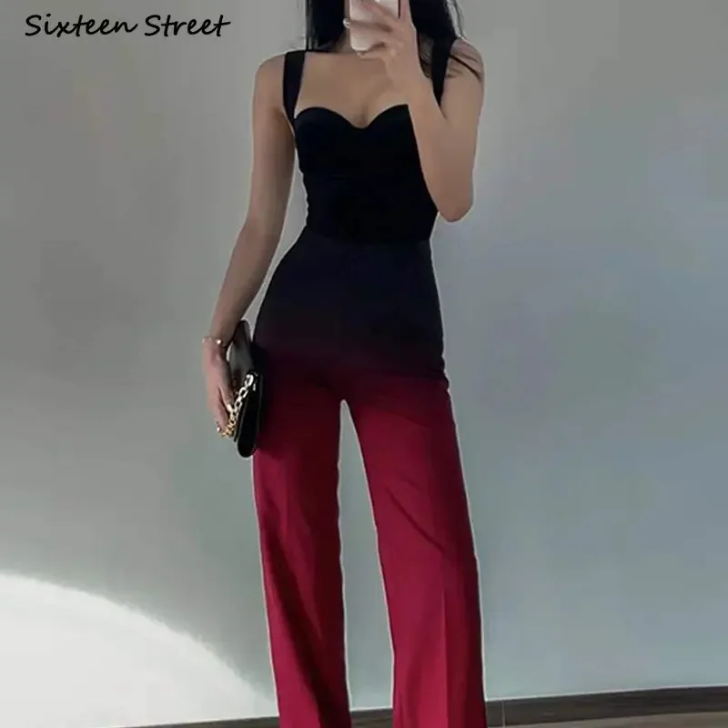 

Red Gradient 2 Piece Sets Women Vintage Sexy Strapped Tops + High Waisted Pants Woman Runway Design Elegant Pants Sets Street