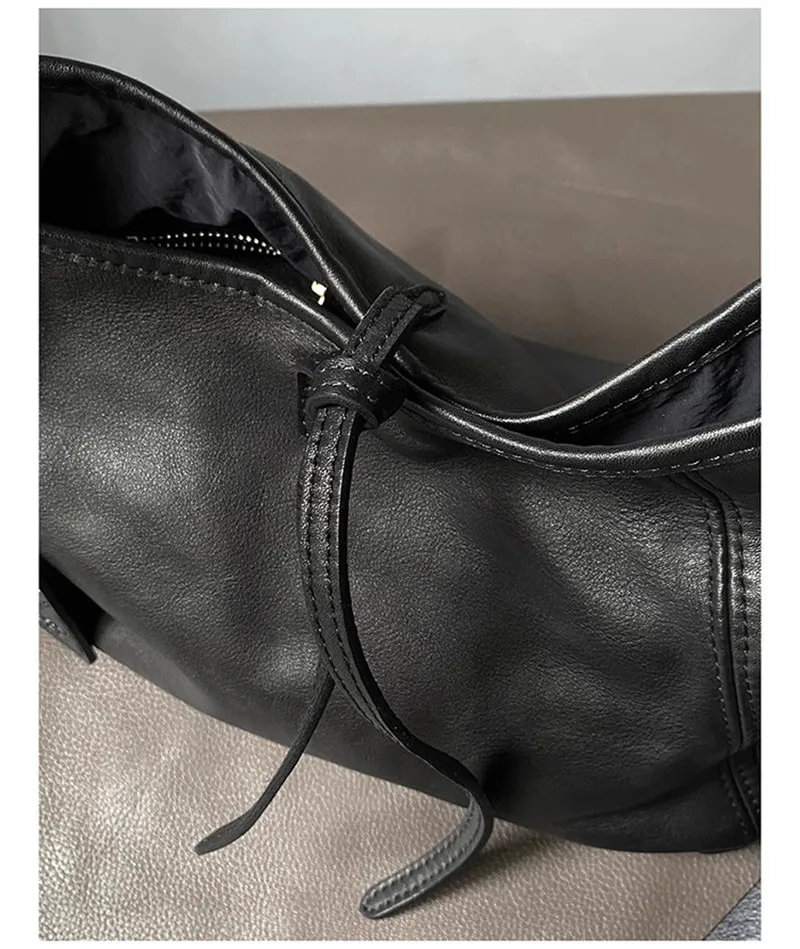 Outdoor-Tagesreise-Designer, handgefertigt, echtes Leder, schwarze Damen-Umhängetasche, lässig, natürlich, weich, echtes Rindsleder, Unterarmtasche – Detail 13