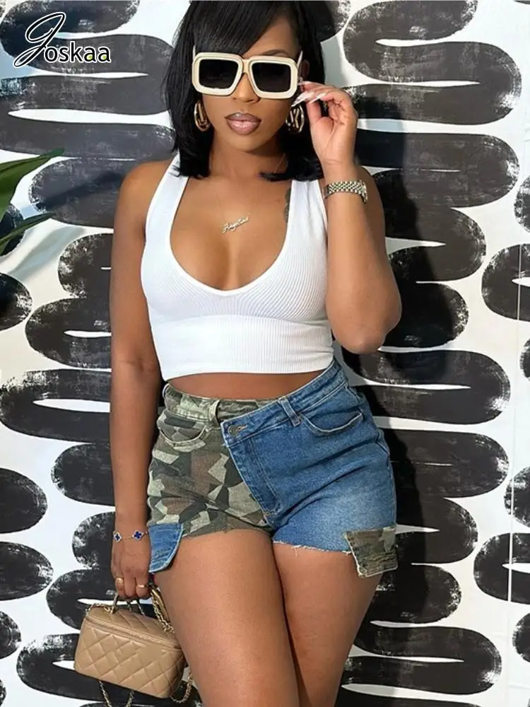 

Joskaa Patchwork Camo Denim Shorts Women Clothes Summer 2023 Casual High Waist Straight Short Jeans Female Bottoms Streetwear