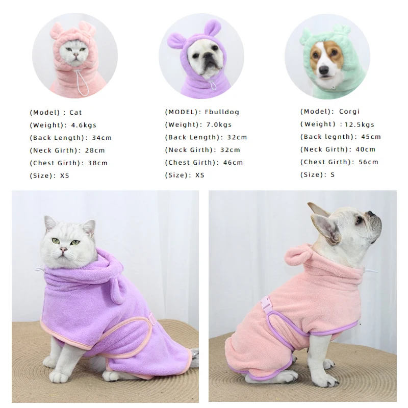 Bathrobe for Dogs Super Absorbent Fast Drying Hooded Cute Pet Bathrobe Towel for Cats Dogs Adjustable Microfiber Coat Corgi Pugs