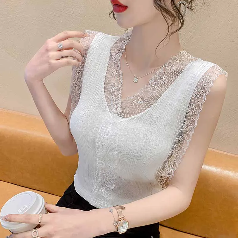 

Sexy V-neck Sleeveless T shirt Women 2022 Knitted bottoming shirt New fashion Summer Lace Tops