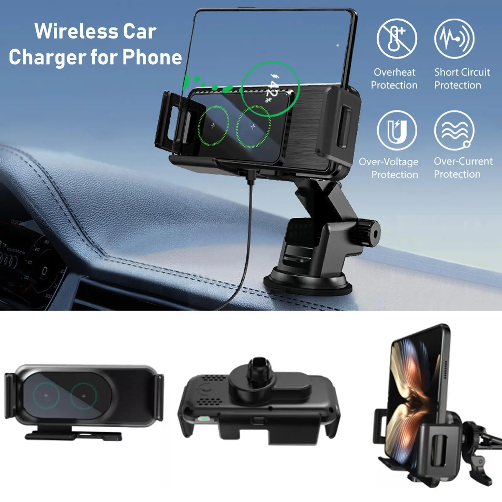 Wireless Car Charger for Galaxy Z Fold 3/Z Flip 3/S22 Ultra/iPhone Car Cell Phone Holder Mount Dashboard Air Vent Windshiel O9U3_voghion.com