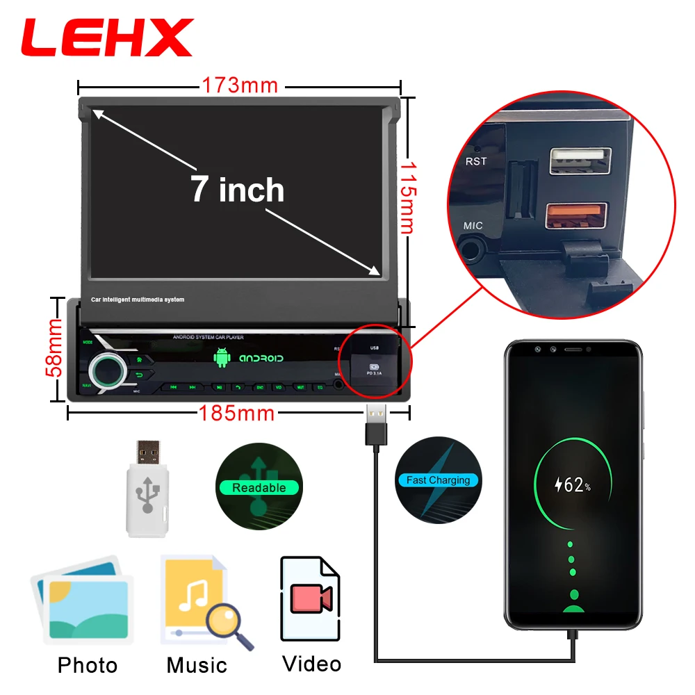 LEHX L6 1 Din 안드로이드 14 자동 범용 자동차 라디오 7 QLED 개폐식 스크린 멀티미디어 플레이어 스테레오 GPS 4G Carplay 1din 오디오