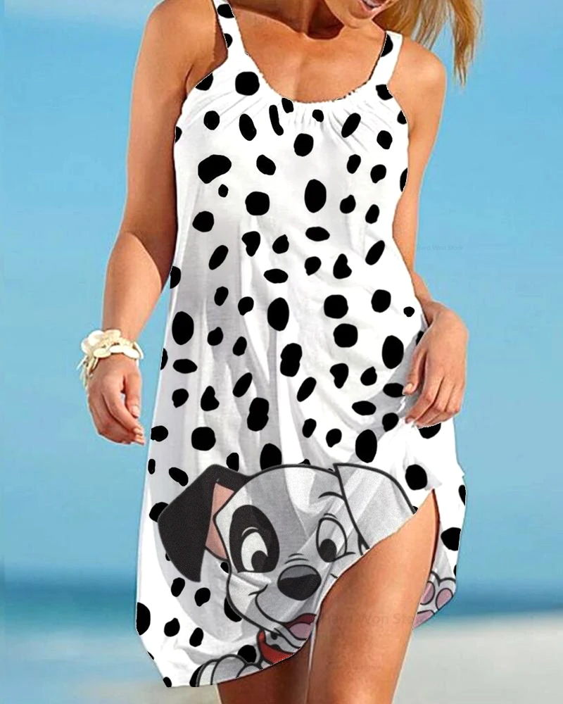 

2023 Summer Dalmatians Women's Clothing Disney Fashion Sling Print Dress Disney Feminine Loose Seaside Beach Casual Beach Dress