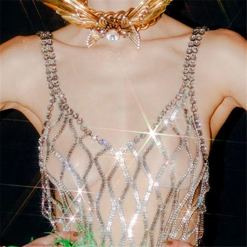 

New Shiny Rhinestone Bikini Mesh Body Chain Bra Jewelry Ladies Layered Zircon Chest Chain Body Accessories Nightclub Clothes