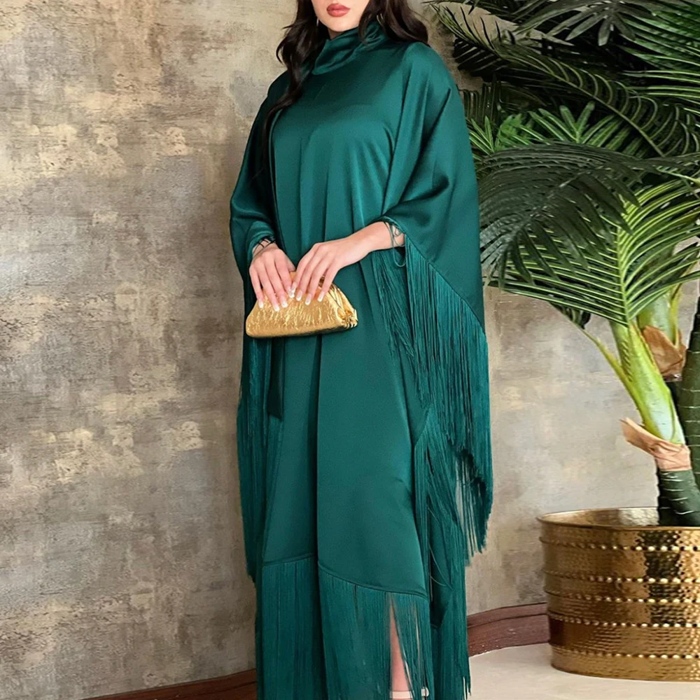 2023 New Dignified Muslim Bat Sleeve Tassel Robe Light Apricot Eid Al-Fitr Party Evening Dress Morocco Turkey Dubai Robe