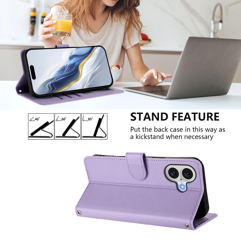 Adorable Cat Design Leather Wallet Phone Case with Kickstand, Card Slots, and Strap