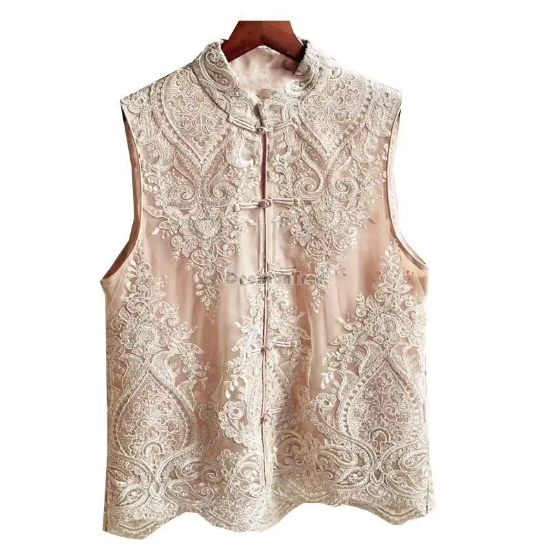 Chinese style traditional clothing women lace embroidery vest top 3XL retro elegant sleeveless vest tangsuit hanfu top pd