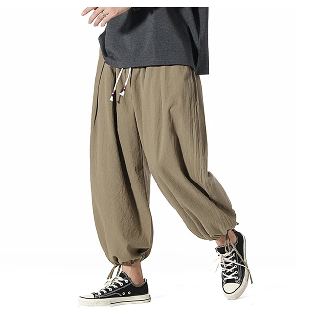 Pantalones bombachos holgados de estilo japonés para hombre, pantalón  bombacho de algodón y lino, con bandas en el tobillo, K2076 - AliExpress