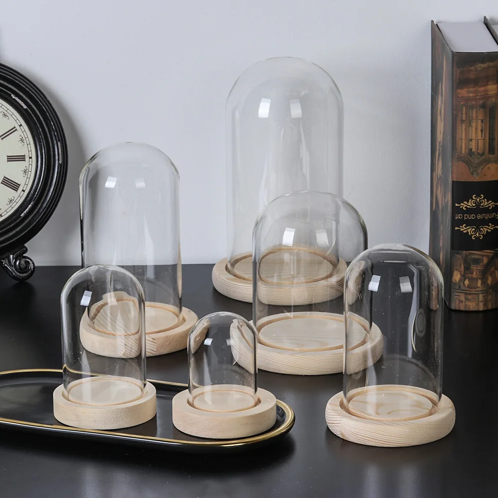 Dry Flower Glass Dust Cover with Wooden Base Immortal Flower Display Stand Clear Glass Vase Glass Cloche Plant Bottle Home Decor