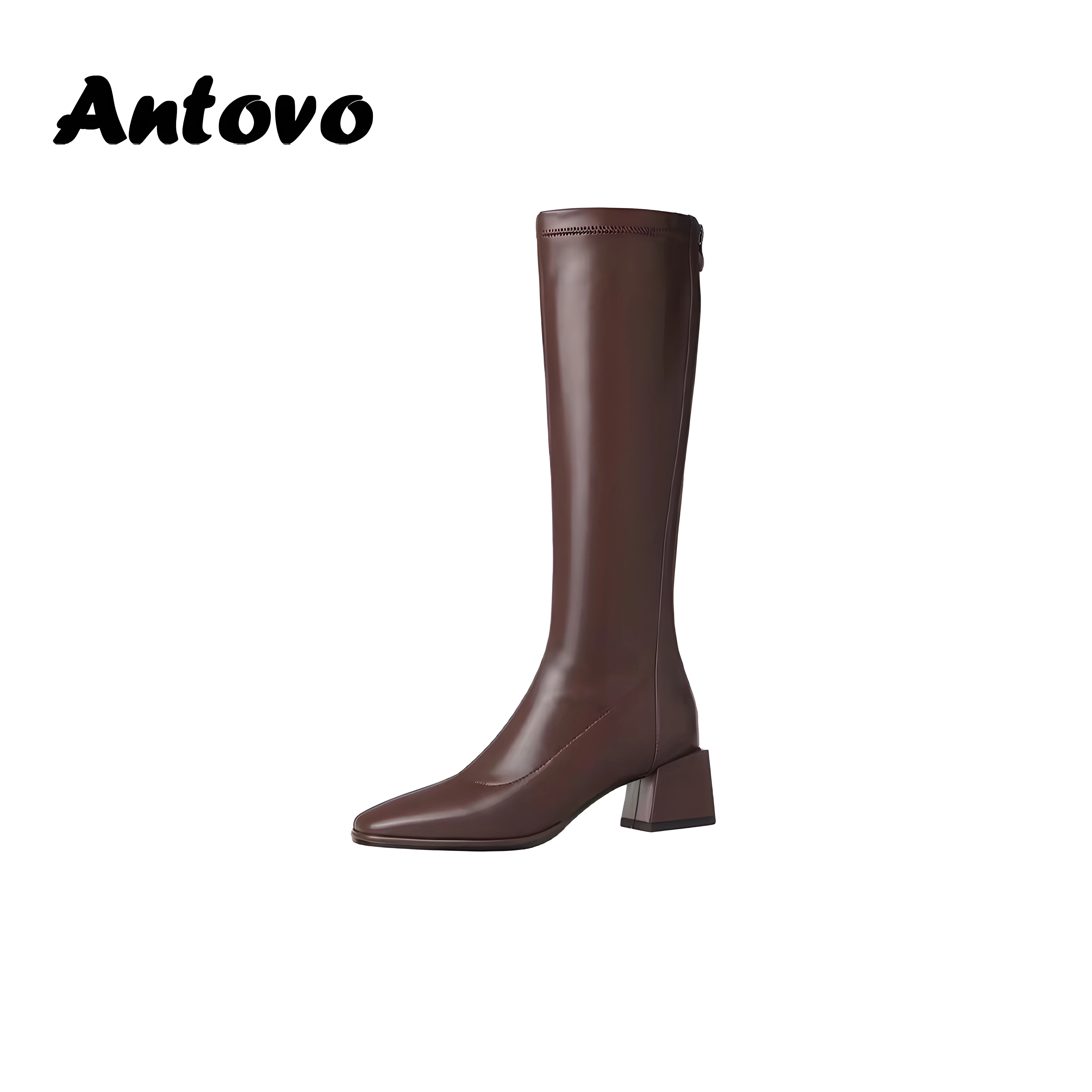 

Antovo High Boot Patent Leather Ankle Boots Square Toe Patent Leather Beige Ladies Fashion Winter Long Women's Boots Botas Mujer