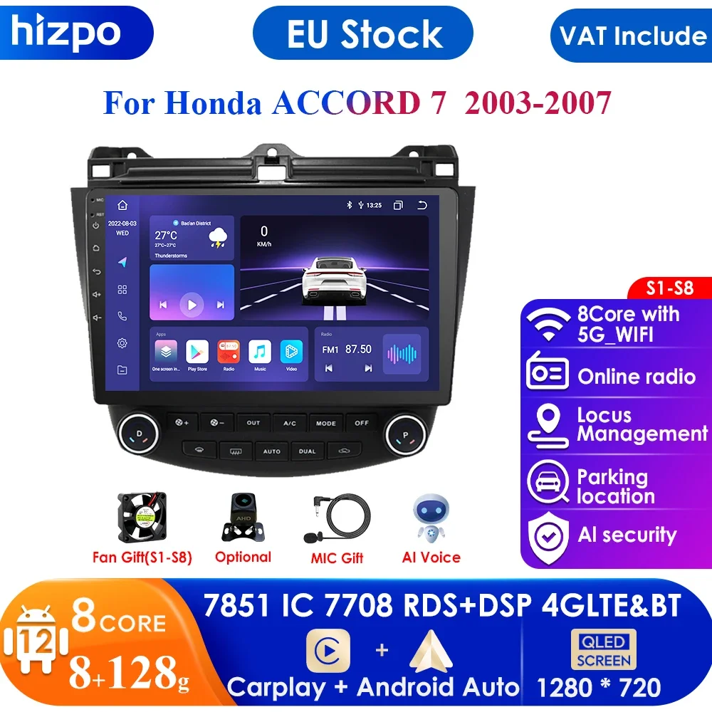 10.1Inch 2 Din Android 12 8G Ram 128G Rom Autoradio Multimedia Speler Voor Honda Accord 7 2003-2007 Gps Navigatie 2din Dsp Audio