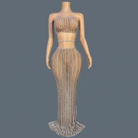 Sparkly Crystals Strapless Crop Top Long Skirt 2Piece Set for Women Sexy Evening Gown Prom Birthday Luxury Maxi Dress Fangyuan