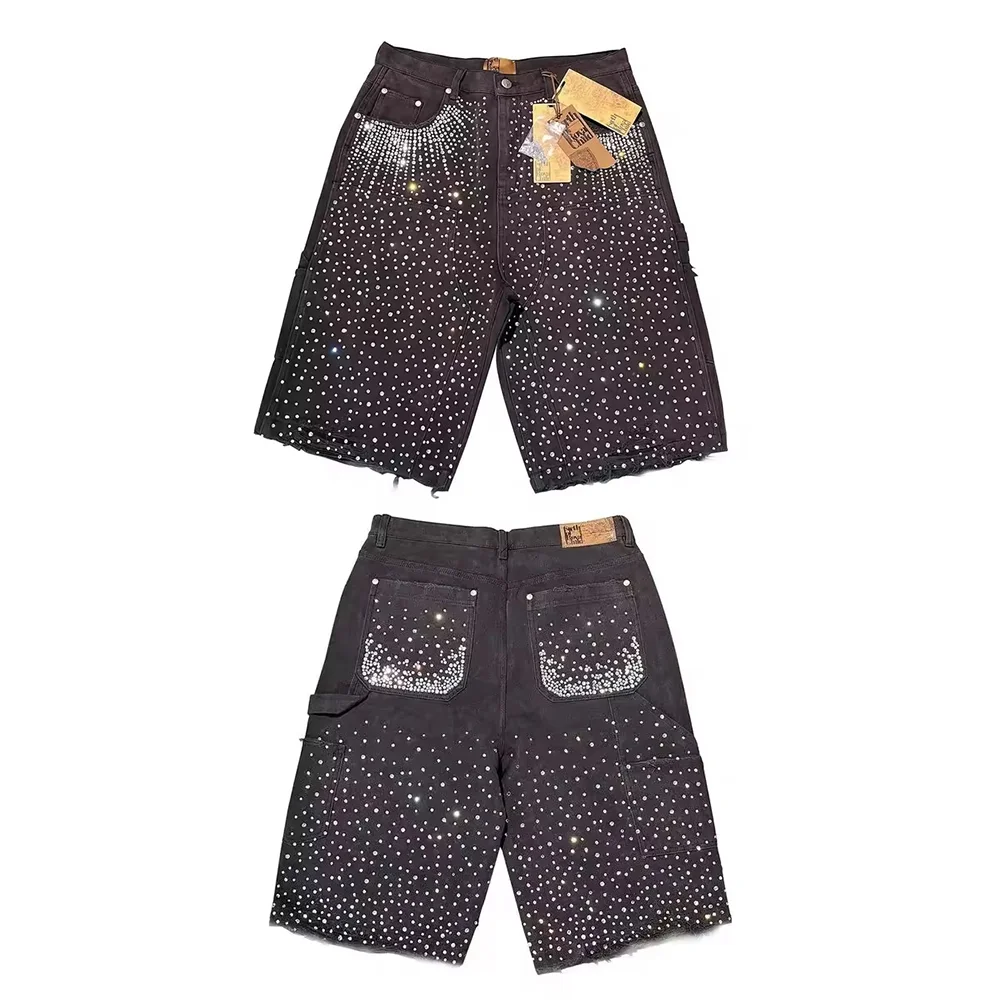 American Retro Full Rhinestone Denim Shorts Y2K Jeans Mens Womens Gothic Retro Baggy Jeans Low Waist Basketball Shorts