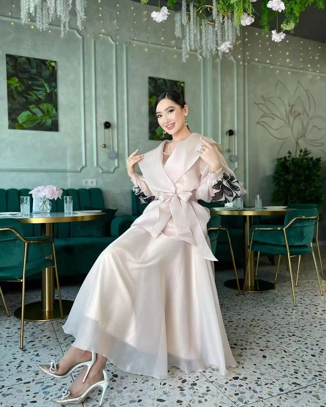 

New Style Prom Dresses 2023 For Women A-Line Sash Long Sleeves 2-Piece Arabia Robes De Formal Occasion Elegant Evening Party