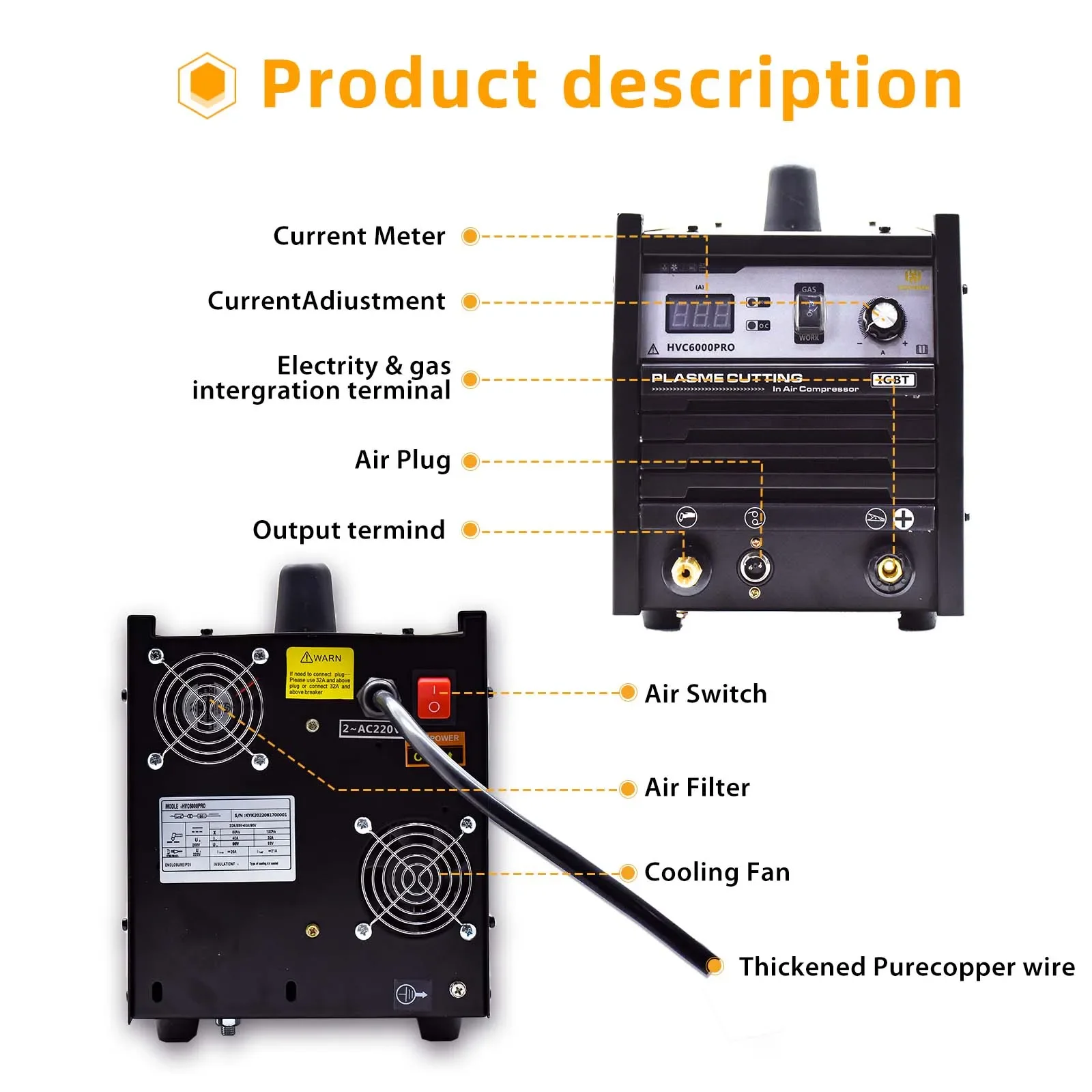 HZXVOGEN Cutter HVC6000Pro Inverter Welding Machine Built in Compressor With Air Pump Plasma 70% Duty For alloy,copper,aluminum 3