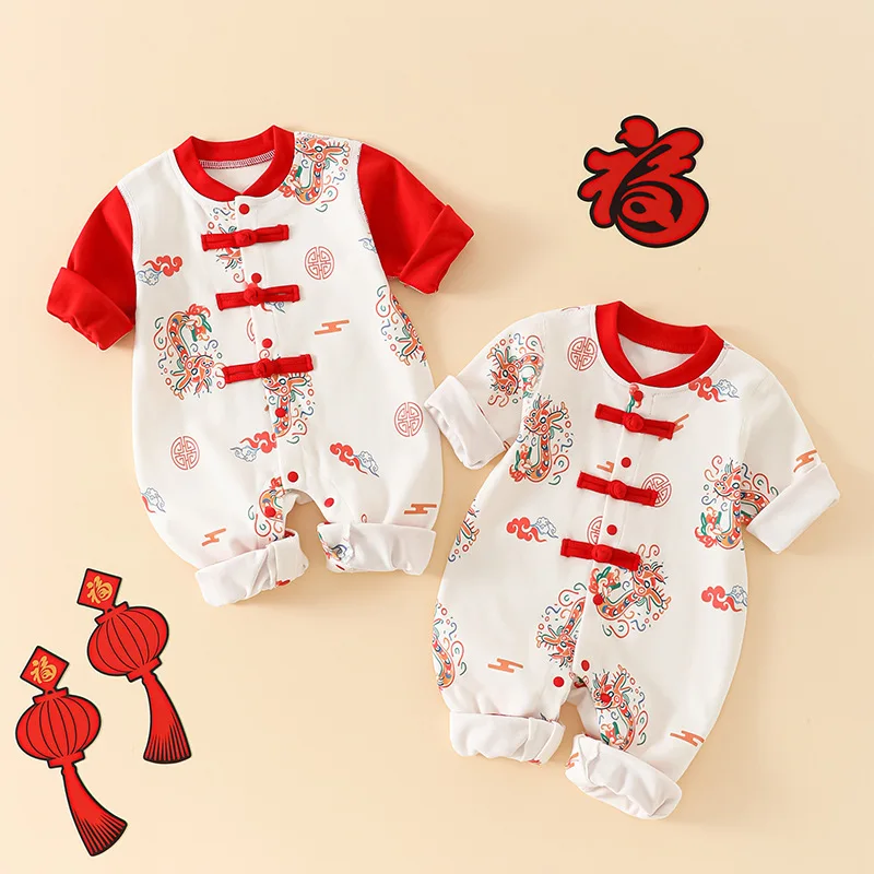 Baby-Strampler für Jungen und Mädchen, Frühling, niedliche Tier-Designs, fröhlicher chinesischer Tellerverschluss, Krabbel-Baby-Kleidung im Freien, Loungewear