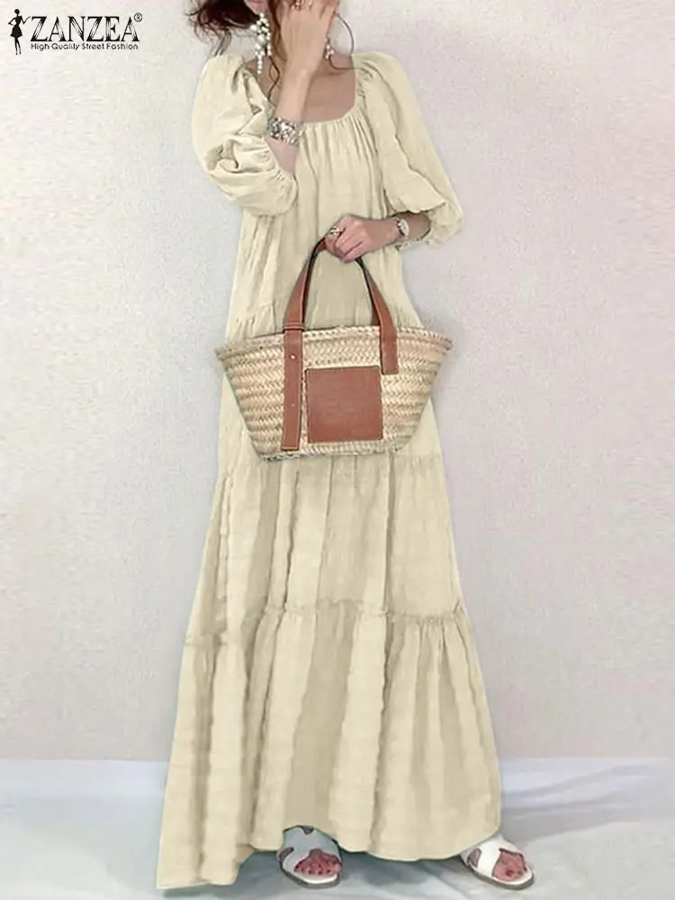 

Elegant Solid Ruffle Dress Women Summer Sundress ZANZEA 2023 Casual Puff Sleeve Maxi Vestidos Female Square Neck Robe Femme