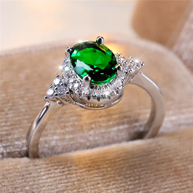 Cute Female Green Oval Zircon Stone Engagement Ring Silver Color Wedding Jewelry For Women