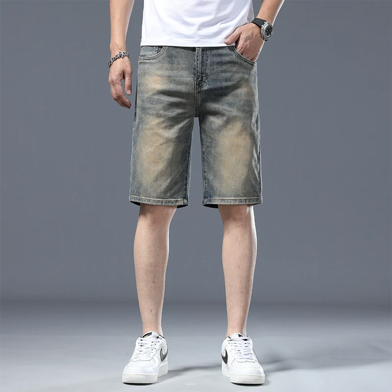 2024New Men's Clothing Retro Yellow Denim Shorts Men's Summer Slim Fit Nostalgic Street Simplicity Versatile Casual Elastic Capr