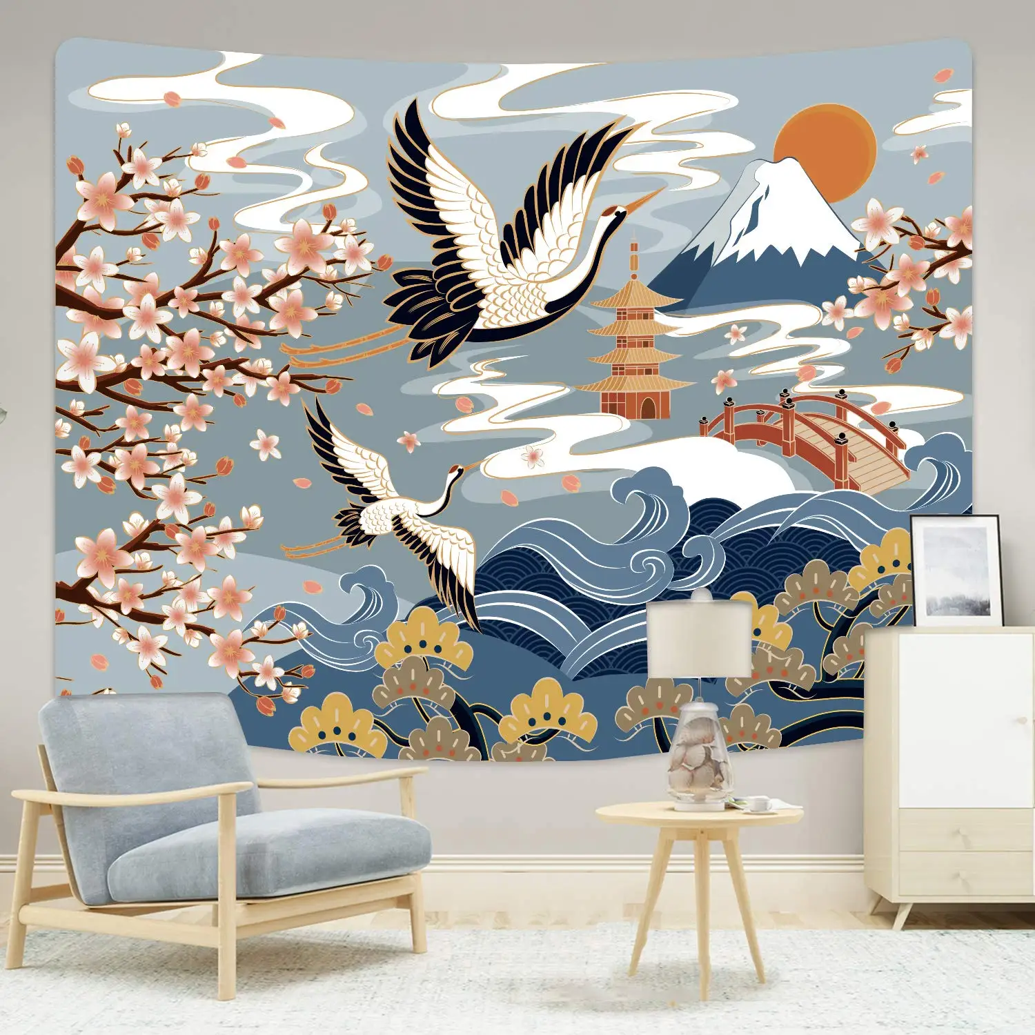 Japanese Crane Tapestry Ocean Wave Sunset Wall Hanging Cherry Blossoms
