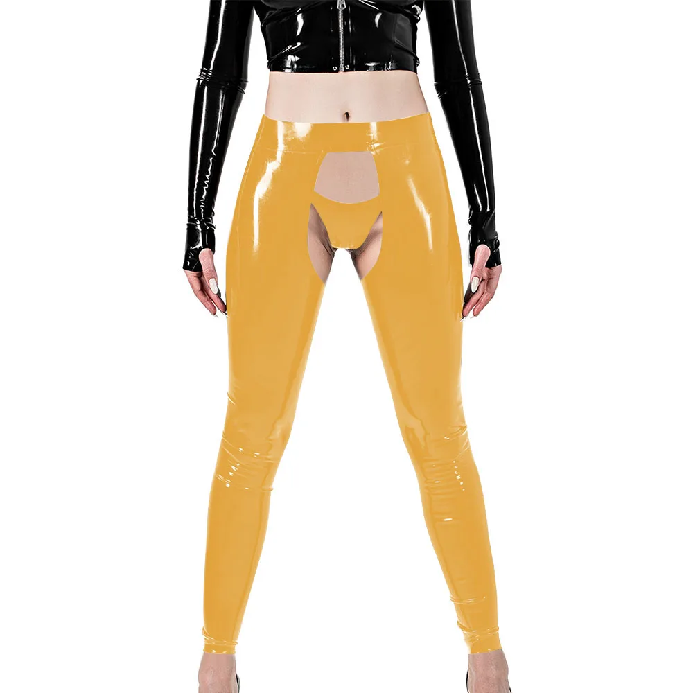 Erotic Sexy Crotchless Leggings Vinyl Glossy Leather Open Butt and Front Cutout Tights Pant with Brief Exotic Fetish Clubwear