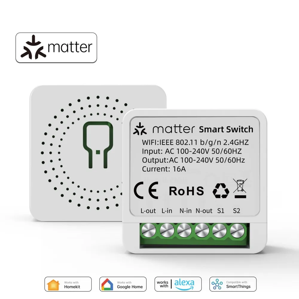Matter WiFi Smart Switch 16A Smart Home Light Switch Relay Module Voice Control Work with Alexa Google Homekit Smartthings Tuya