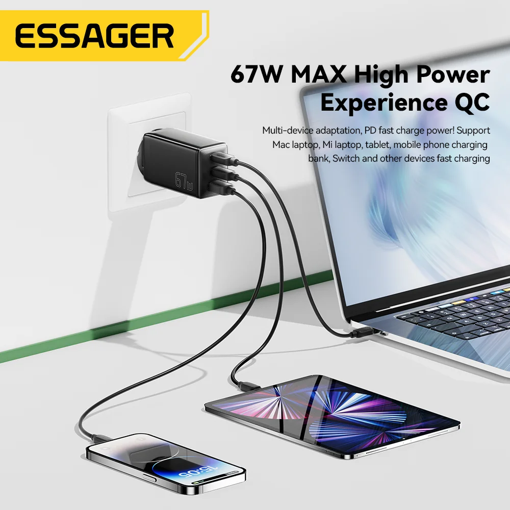 Essager 67W GaN USB Charger Quick Charge QC3.0 PD PPS USB Type C Charger For IPhone 14 13 Macbook Laptop iPad Xioami Samsung S23
