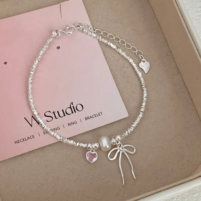 Silver Color Bowknot Pink Zircon Love Heart Bracelet for Women Fashion Sweet Chain Wedding Party Jewelry Gift