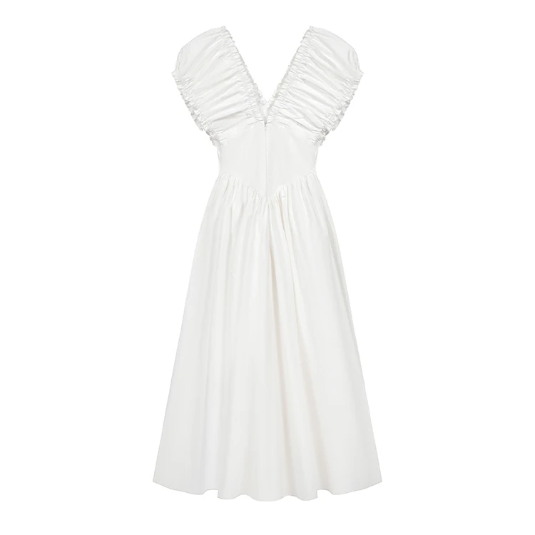 Casual Solid Midi Dresses for Women Korean Chic V-neck Backless High Waist Puff Sleeve A-line Party Dress Summer Vestidos Mujer