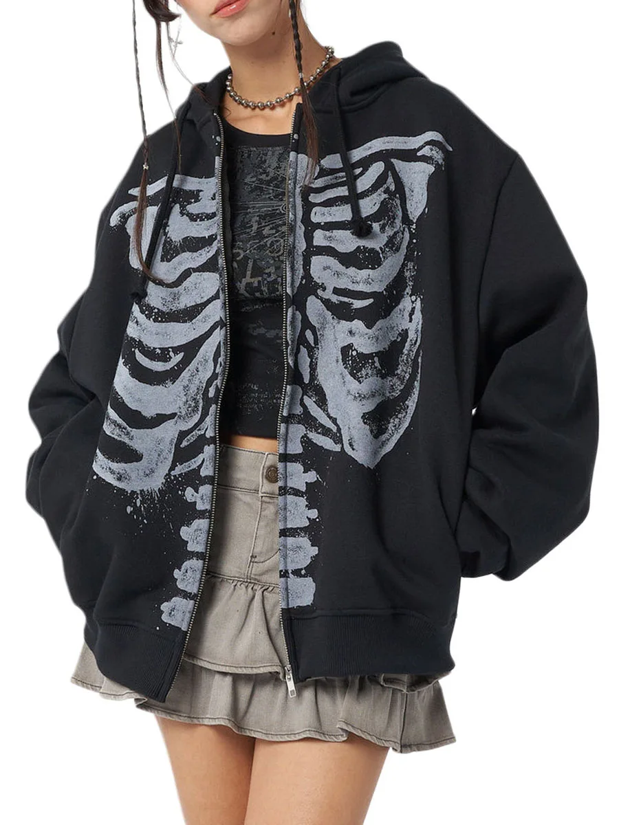 Gothic Skull Hoodie - Casual Long Sleeve Zipper Coat for Halloween