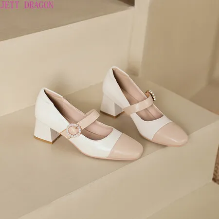 Women's Mary Jane Shoes Casual Fashion Mixed Color Leather Buckle High Heels Autumn New Elegant Dress Sweet Ladies Bridal Shoes