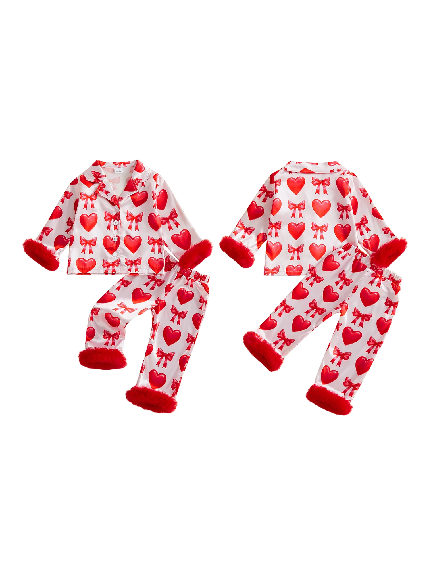 Romantic Valentine s Day Women s Satin Pajama Set with Heart Print Long Sleeve Top and Elastic Waist Pants for Cozy Sleepwear