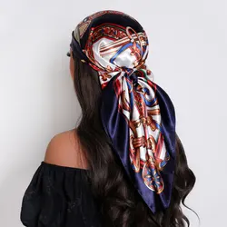 Luxury Women's Silk Hair Scarf - Soft Satin Square Bandana & Neckerchief (Navy Blue)