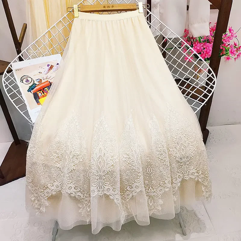 

Lace Spliced Mesh Fairy Skirt Large Swing Half Skirt Yarn Skirt , New High Waist Mid length A-line Skirt