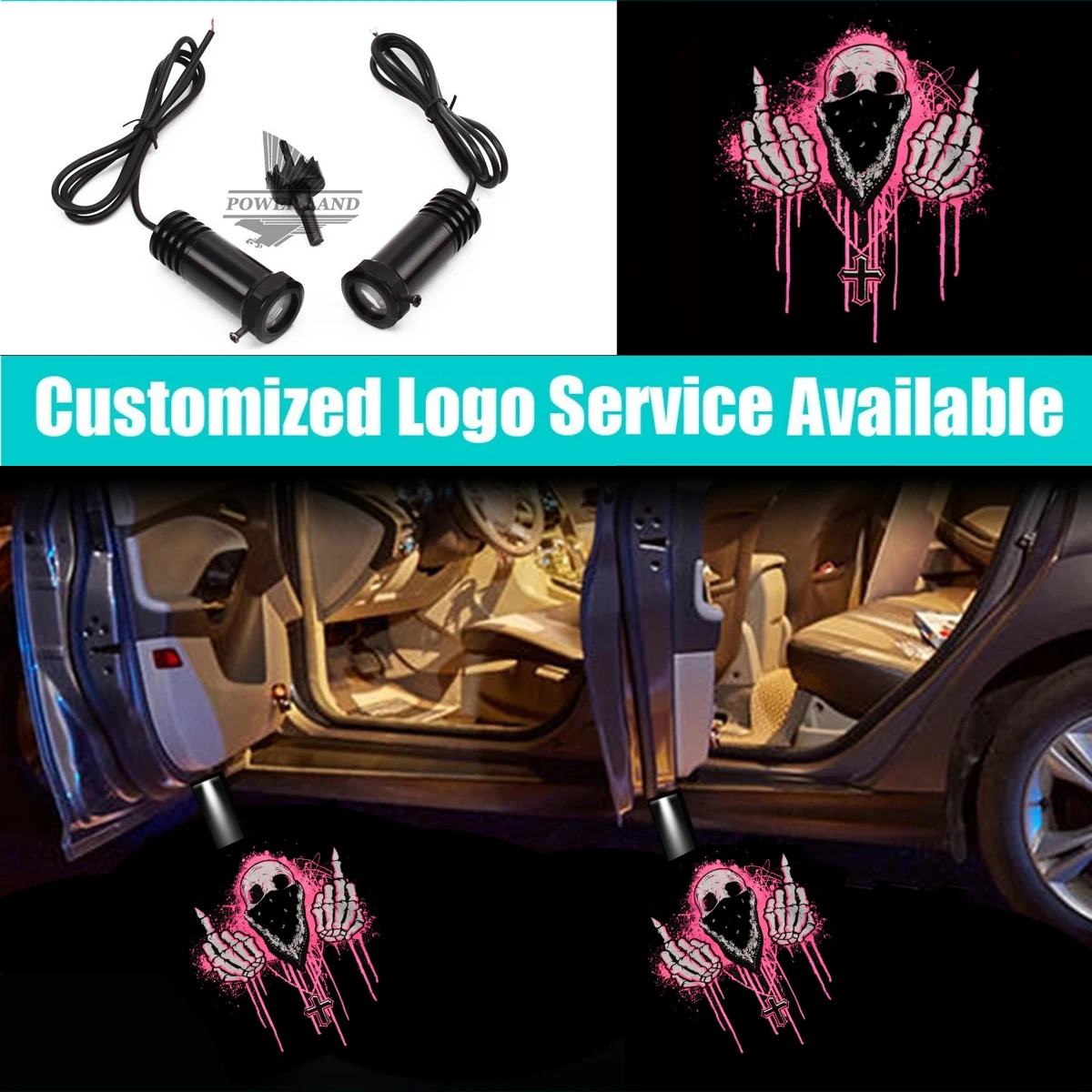 

2 Pieces Wired Pink Skull Middle Finger Led Logo Shadow Lights Car Door Welcome Courtesy Laser Projector