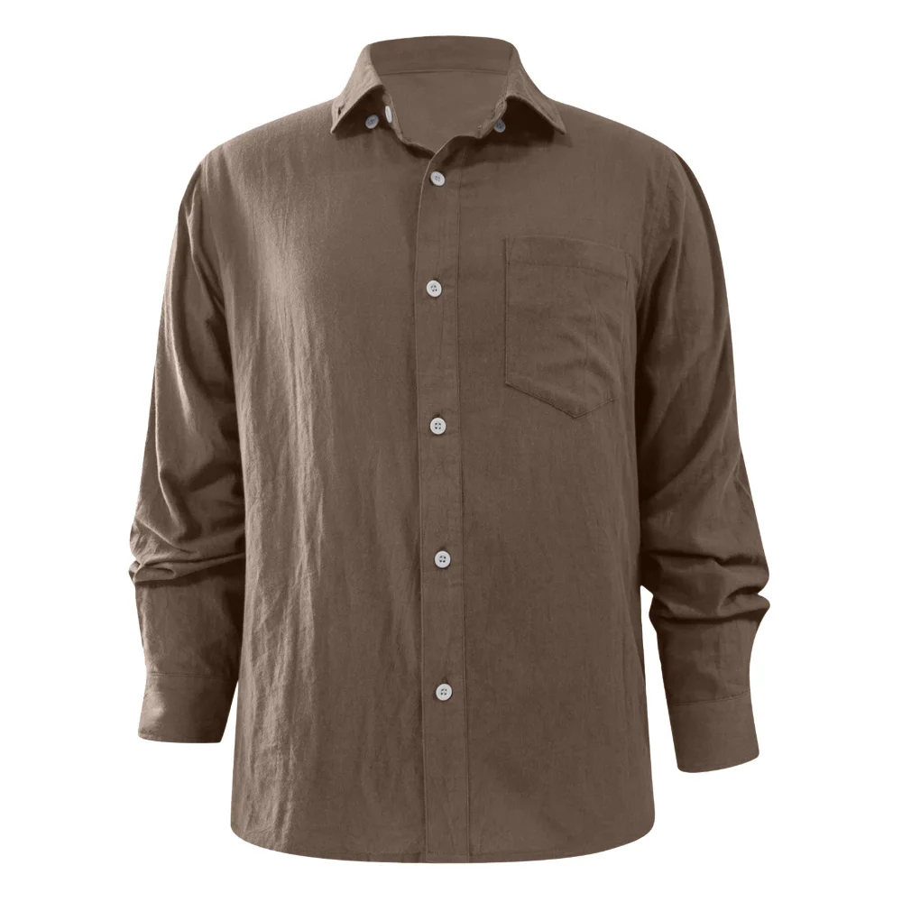 Men's Pure -colored Casual Lapel Cardigan Cotton and Linen Loose Casual Retro Shirt