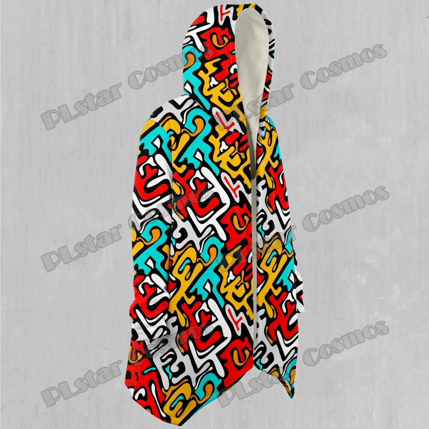 Street Graffiti And Jigsaw Pattern 3D Printed Men's Sherpa Lined Hooded Cloak Winter Unisex Casual Thick Warm Cape Coat DP79
