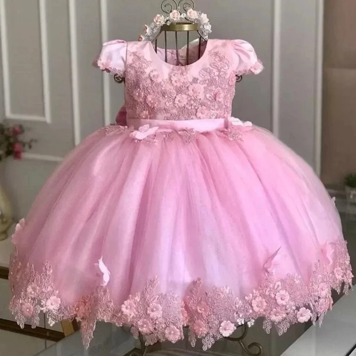 Flower Girl Dresses Applique Tulle Pearls Ball Kids Pageant Gown Wedding Birthday Party First Communion Wear