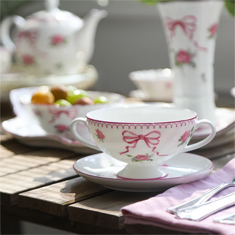 Ceramic Tableware Set Retro Rose Bone China Coffee Cup Saucer Dessert Plate Bowl Teapot Pink Bow Elegant Afternoon Tea Set