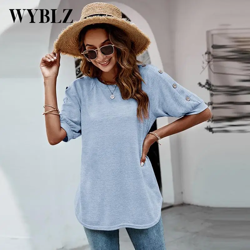 

Summer Women T-Shirt O-Neck Half-Sleeved Solid Color Loose Casual T-Shirts Korean Fashion Button Elegant Womens Tops Tees