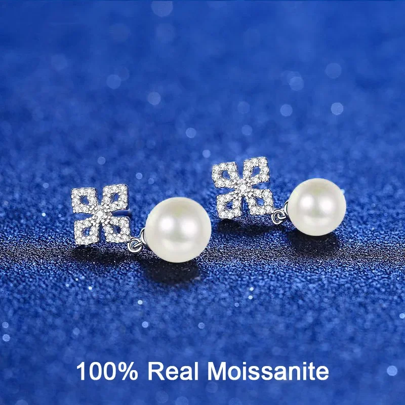 

Full Moissanite Earrings with 9mm Freshwater Pearl for Women Sparkling D Color Earring 100% Solid Sterling Silver Jewelry