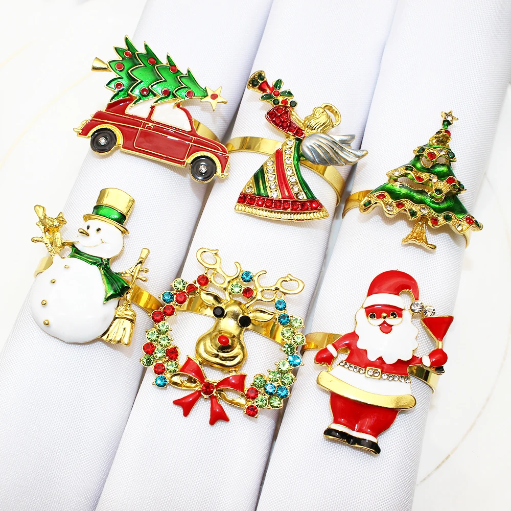 Christmas Napkin Holder Napkin Ring 6Pcs Mixed Gold Christmas Napkin Rings Set Wreath Angel Elk Bell Snowman Xmas Tree Napkin Holder for Wedding Party Table Decor