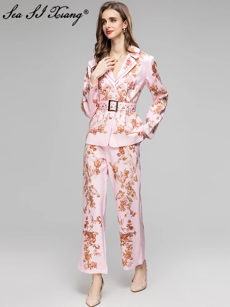 

Seasixiang Fashion Designer Autumn Print Suit Women Belt Single Breasted Jacket+Pockets Wide Leg Pants Office Lady 2 Pieces Set