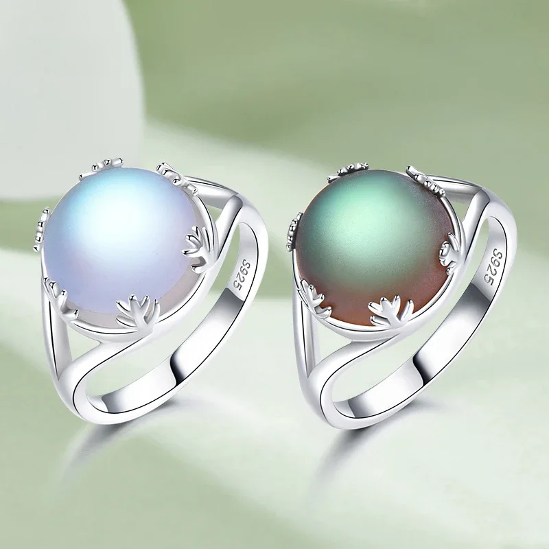 

TKJ New 925 Sterling Silver Aurora Moonlight Color Gemstone Ring Women's Fine Jewelry Valentine's Day Gift Free Shipping