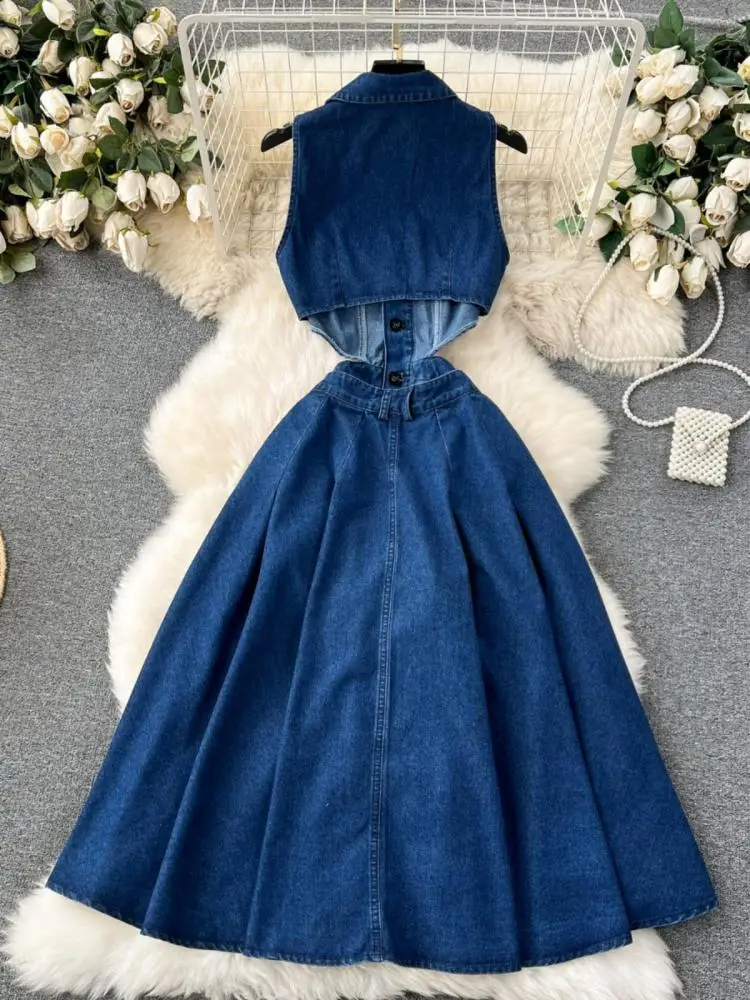Elegant Vintage Denim Dress For Women Summer Fashion Hollow