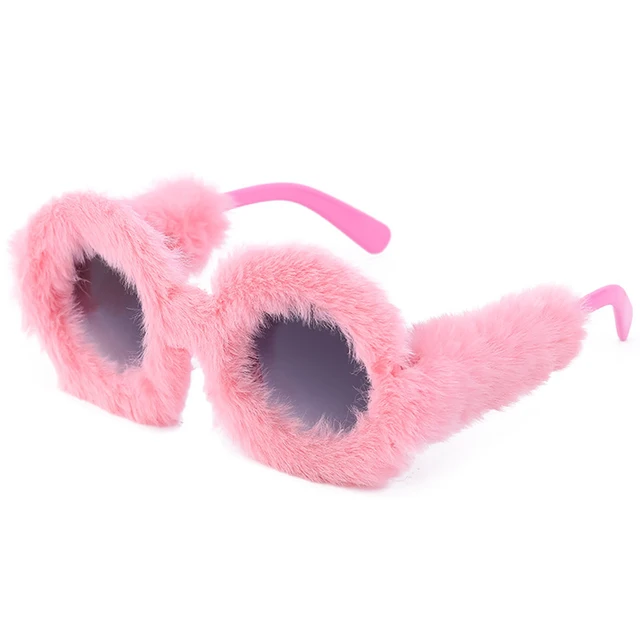 OEC CPO Ladies Soft Fur Velvet Cat Eye Sunglasses Women Fashion Colorful Handmade Sun Glasses Female Trendy Shades UV400 Eyewear Pink-Gray